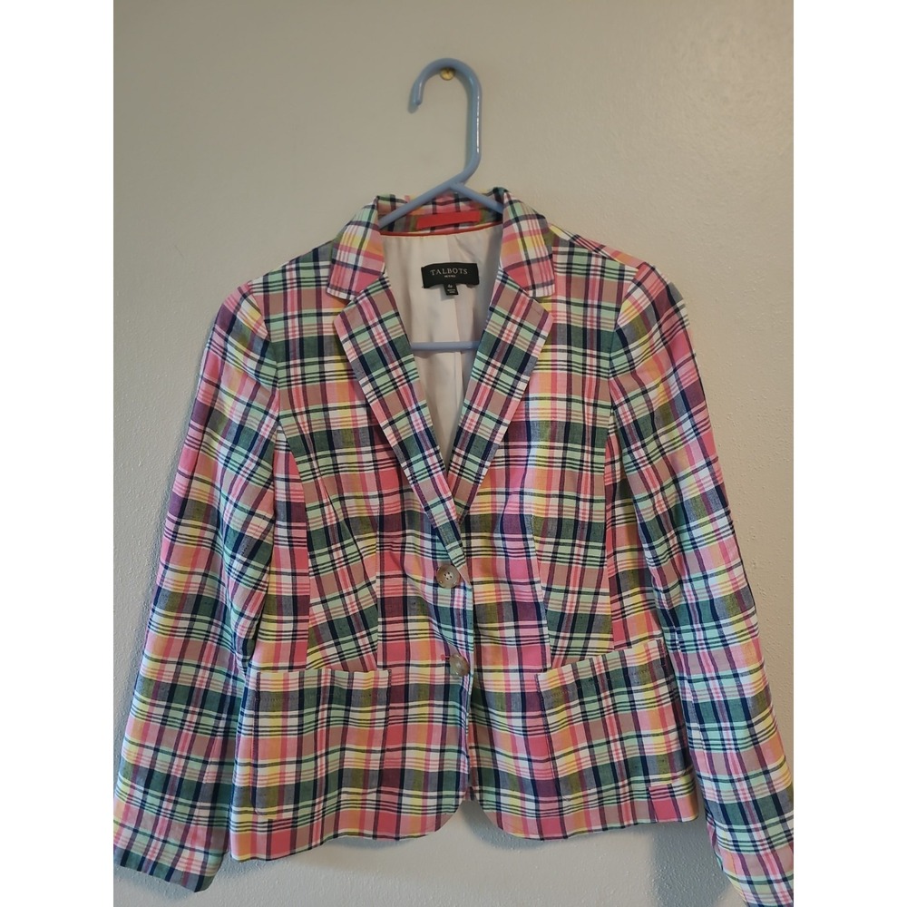 Talbots Womens 4p Linen Blend Lined Blazer Jacket Madras Plaid Preppy Coastal